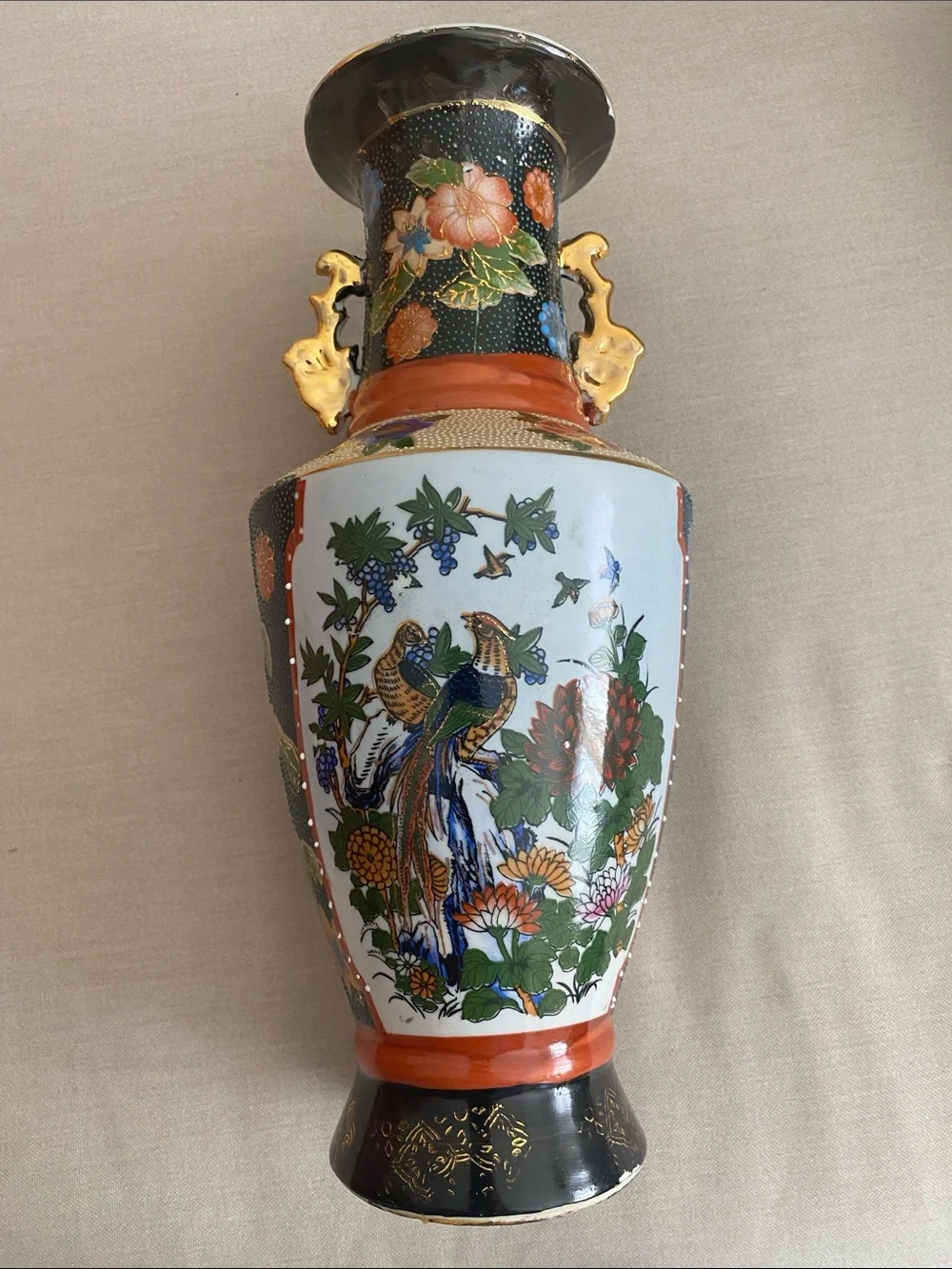 Vintage Chinese Satsuma Style Porcelain Vase 11” Bird Flower Moriage Decor